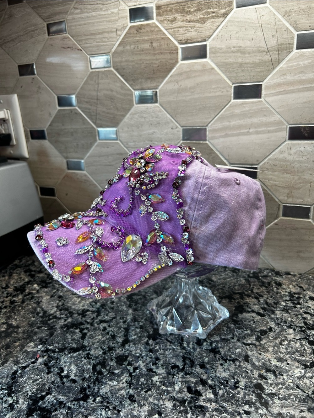 OOAK Bling Rhinestone Lavender Baseball Cap Handcrafted Festival Glam Hat - Picture 4 of 9
